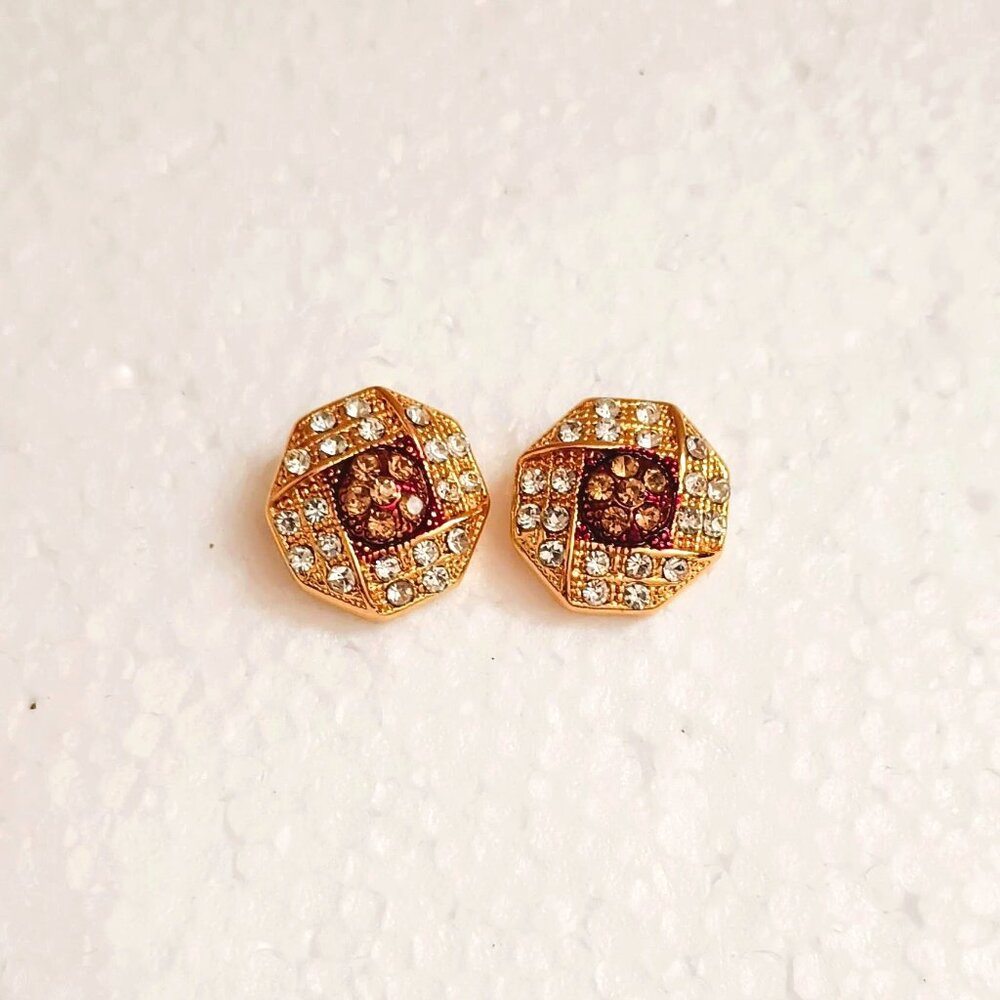 Estella Pave Octagon Wrap Earrings Gold Tone Brown Center Stones Post Jewelry